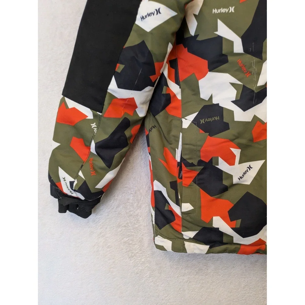 Hurley Puffer Jacket Kid's L (14/16) Green Orange Camo Hooded Fleece Lined‎
